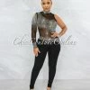 Vendor-unknown JUST IN Zulia Black Mesh Rhinestones Single Sleeve Jumpsuit