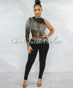 Vendor-unknown JUST IN Zulia Black Mesh Rhinestones Single Sleeve Jumpsuit