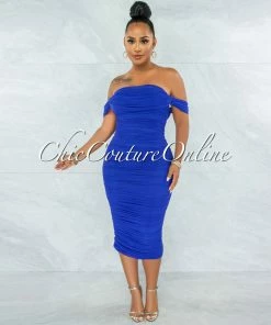 Chic Couture Online Becca Royal Blue Mesh Overlay Ruched Off-The Shoulder Dress