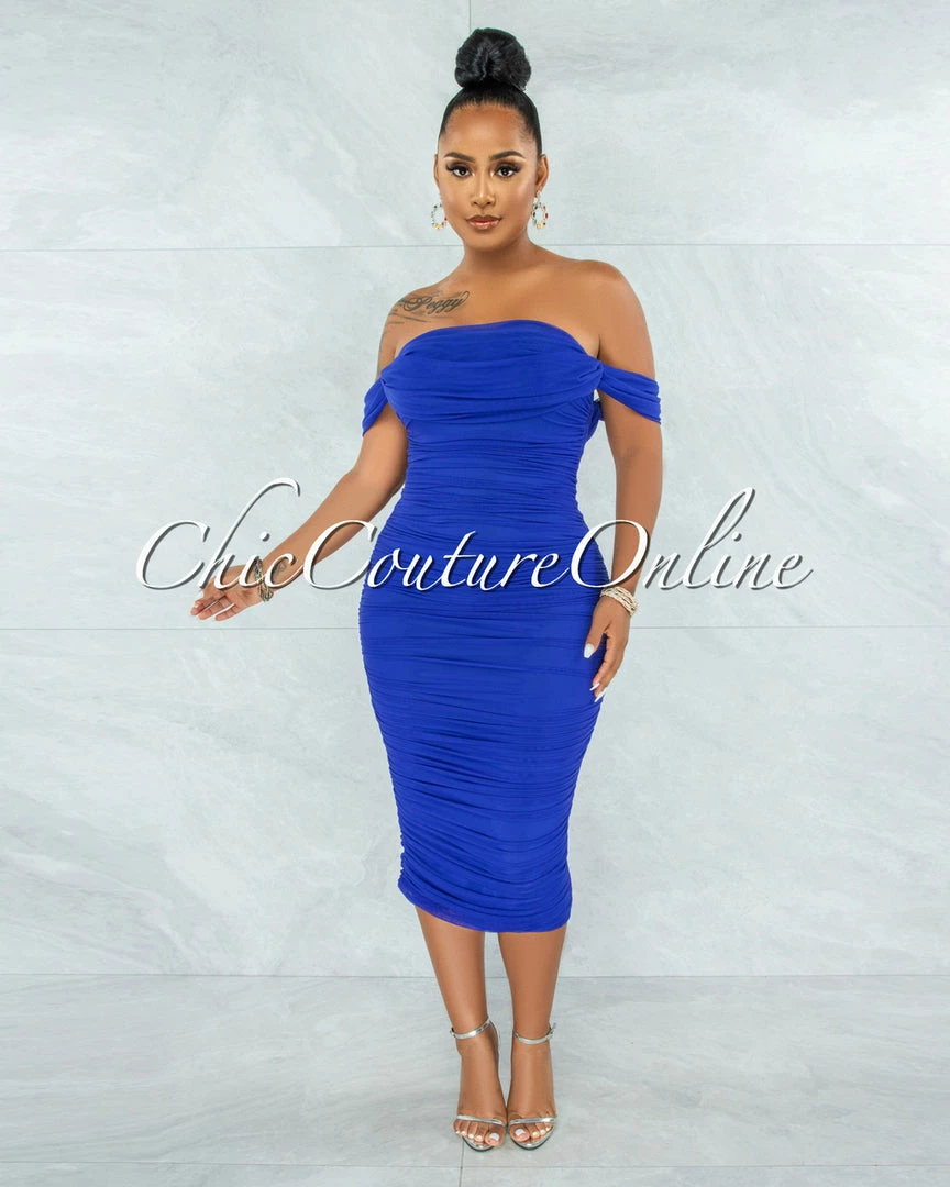 Chic Couture Online Becca Royal Blue Mesh Overlay Ruched Off-The Shoulder Dress
