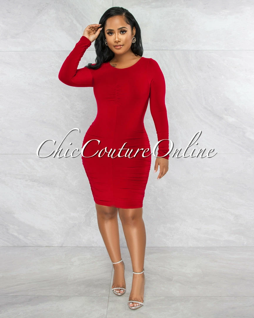 Vendor-unknown Darlene Red Drape Long Sleeves Double Lined Dress