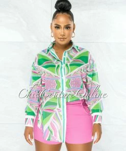 Chic Couture Online Faste Green Pink Print Buttoned Long Sleeves Shirt