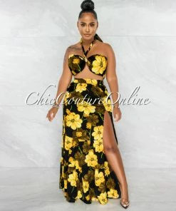 Chic Couture Online Mylie Black Yellow Floral Print Multi-Way Top & Maxi Skirt Set JUST IN