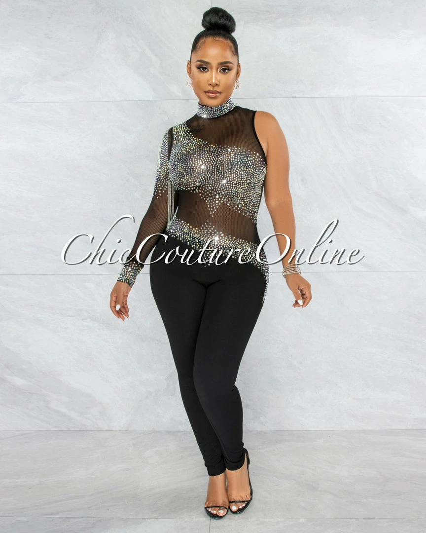 Vendor-unknown JUST IN Zulia Black Mesh Rhinestones Single Sleeve Jumpsuit