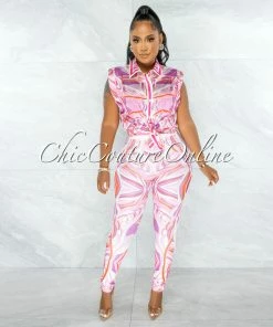Chic Couture Online Jaden Lilac Orange Print Silky Blouse & Leggings Set JUST IN