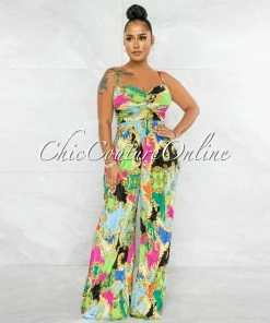 Vendor-unknown JUST IN Takona Multi-Color Print Pleated Back Tie Jumpsuit