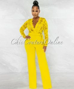 Chic Couture Online Neveh Lime Crochet Lace Sheer Top Gold Accent Jumpsuit