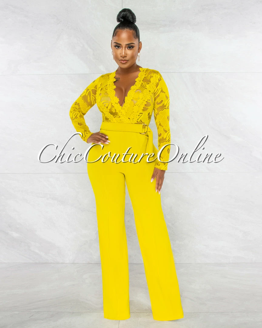 Chic Couture Online Neveh Lime Crochet Lace Sheer Top Gold Accent Jumpsuit