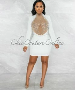 Vendor-unknown Yecenia Off-White Nude Mesh Rhinestones & Pearls Mini Dress