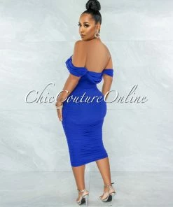 Chic Couture Online Becca Royal Blue Mesh Overlay Ruched Off-The Shoulder Dress