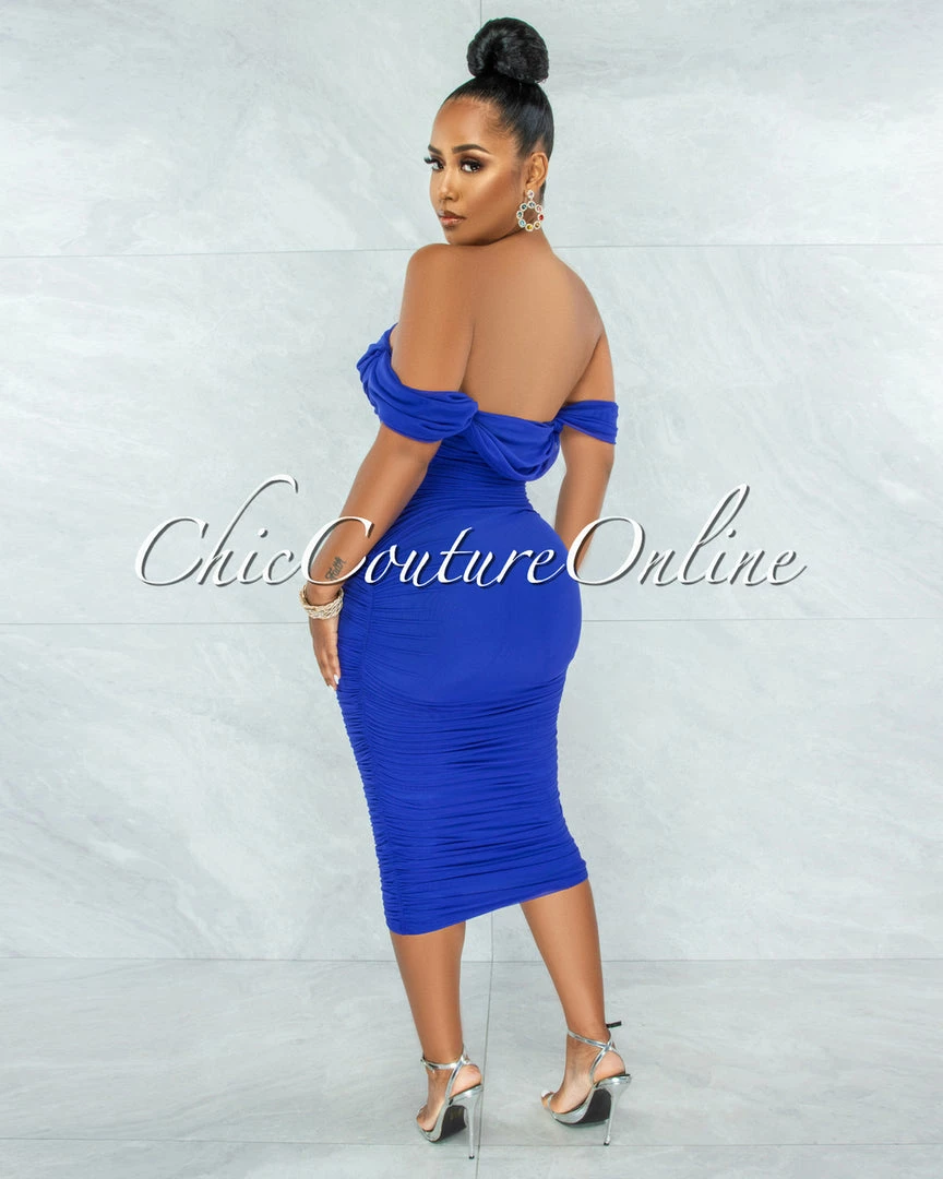 Chic Couture Online Becca Royal Blue Mesh Overlay Ruched Off-The Shoulder Dress