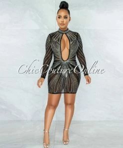 Vendor-unknown Nadilia Black Iridescent Rhinestones Mesh Sheer Dress JUST IN