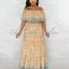 Vendor-unknown Rudella Apricot Blue Print Off-The Shoulder Ruffle Maxi Dress JUST IN