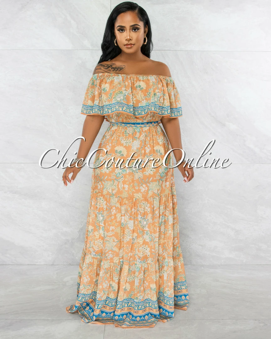 Vendor-unknown Rudella Apricot Blue Print Off-The Shoulder Ruffle Maxi Dress JUST IN