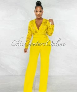 Chic Couture Online Neveh Lime Crochet Lace Sheer Top Gold Accent Jumpsuit