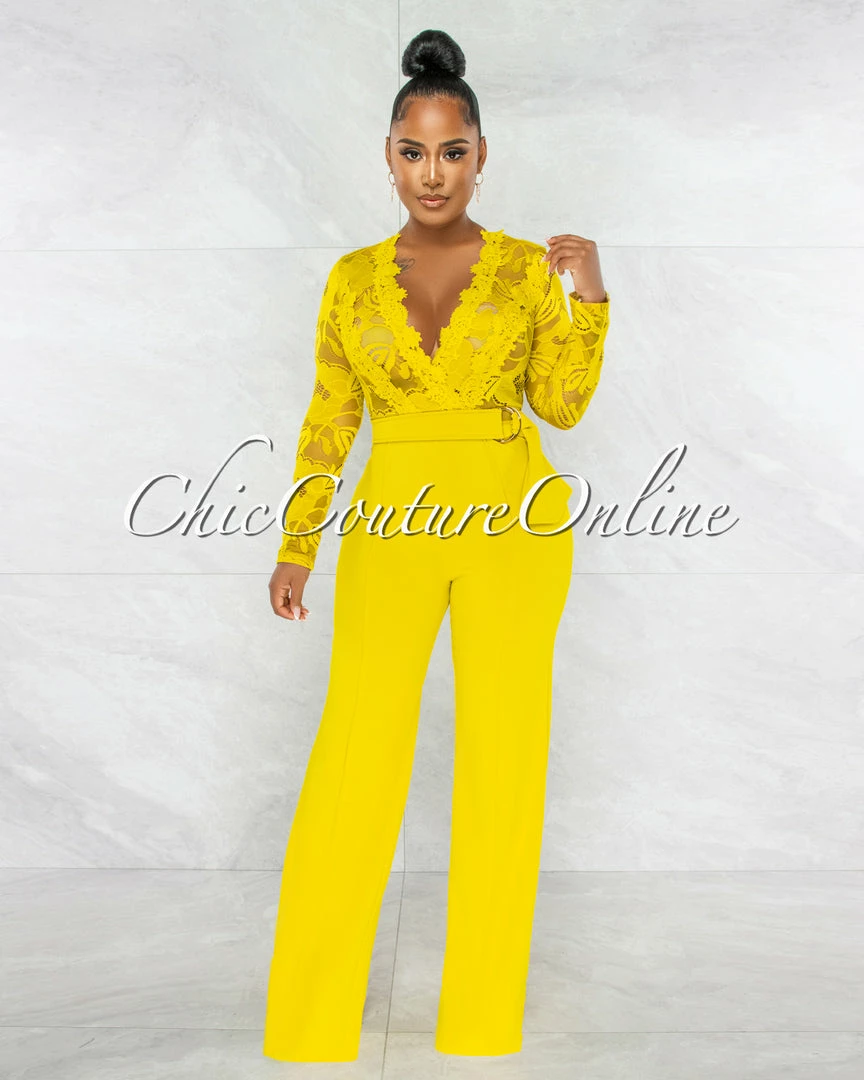 Chic Couture Online Neveh Lime Crochet Lace Sheer Top Gold Accent Jumpsuit