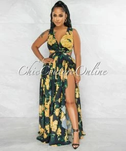 Vendor-unknown Jomey Black Yellow Print Back Lace-Up Maxi Ruffle Dress JUST IN