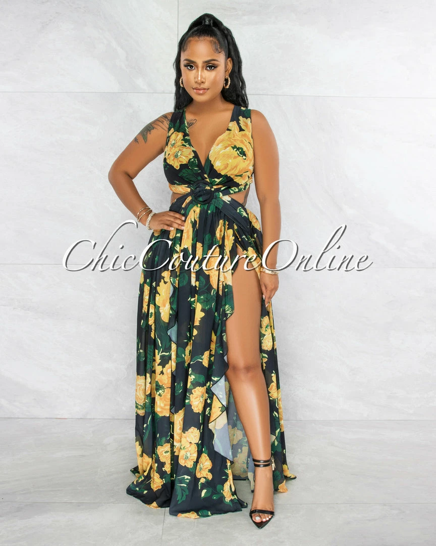 Vendor-unknown Jomey Black Yellow Print Back Lace-Up Maxi Ruffle Dress JUST IN