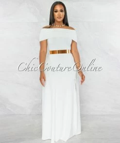 Vendor-unknown Brielle Off-White Off-The Shoulder Side Slit Maxi Dress