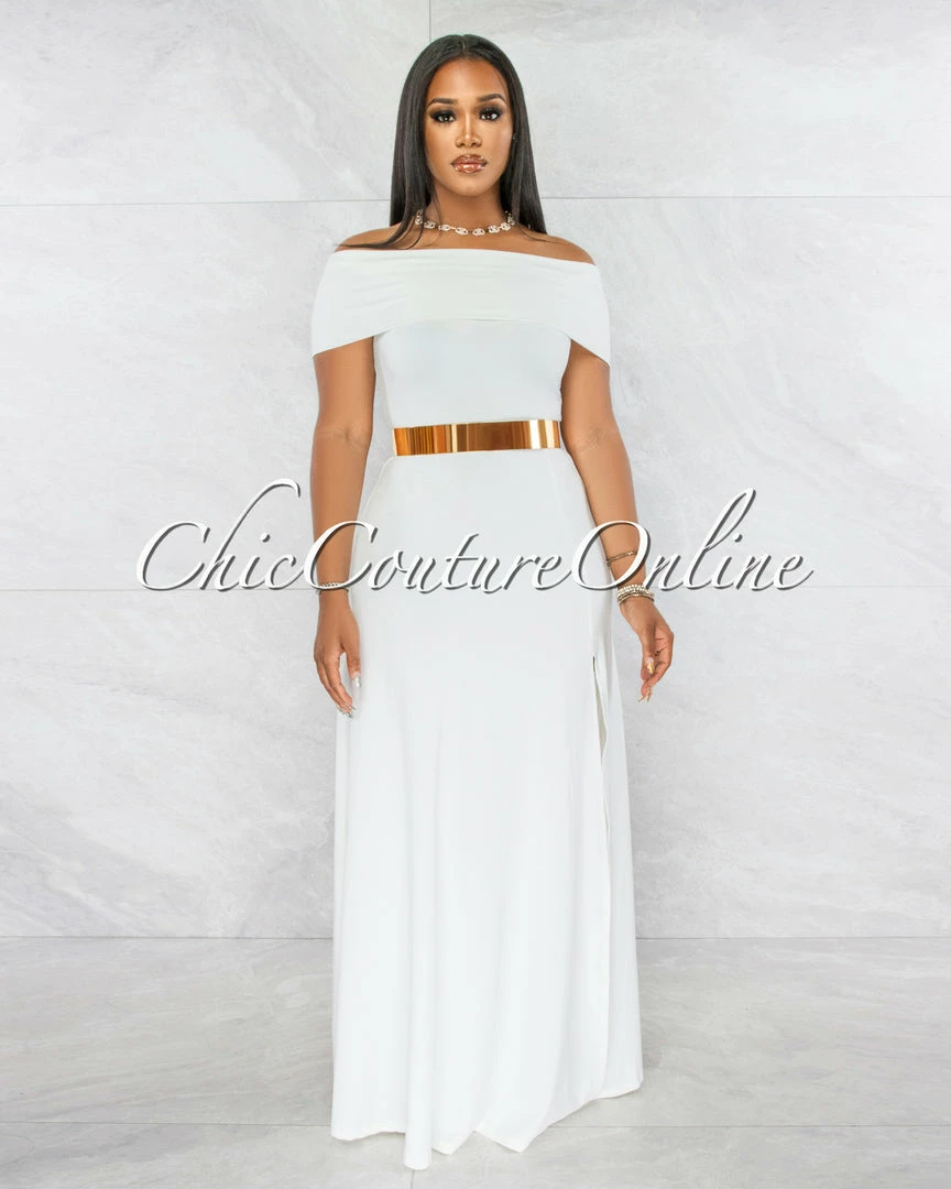 Vendor-unknown Brielle Off-White Off-The Shoulder Side Slit Maxi Dress
