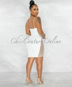 Vendor-unknown Toraya Off-White Fishnet Accent Rhinestones Dress JUST IN