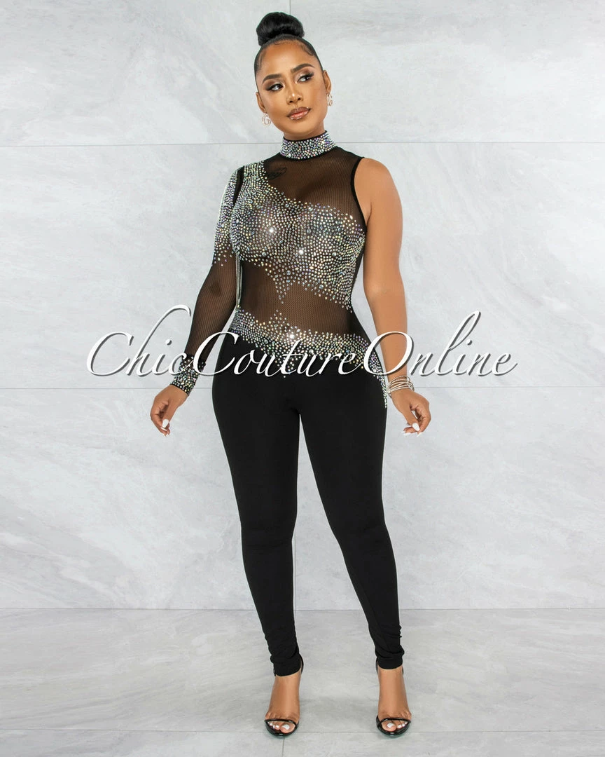 Vendor-unknown JUST IN Zulia Black Mesh Rhinestones Single Sleeve Jumpsuit