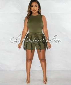 Chic Couture Online Granier Olive Green Bodysuit & Fringe Shorts Set JUST IN