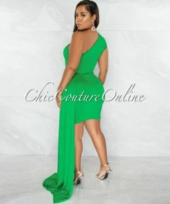Vendor-unknown Briah Green Single Shoulder Train Dress JUST IN