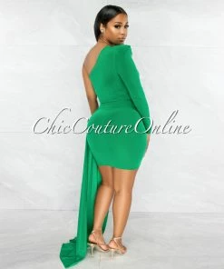 Vendor-unknown Cameo Kelly Green Single Sleeve Long Strap Accent Dress