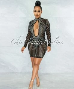 Vendor-unknown Nadilia Black Iridescent Rhinestones Mesh Sheer Dress JUST IN