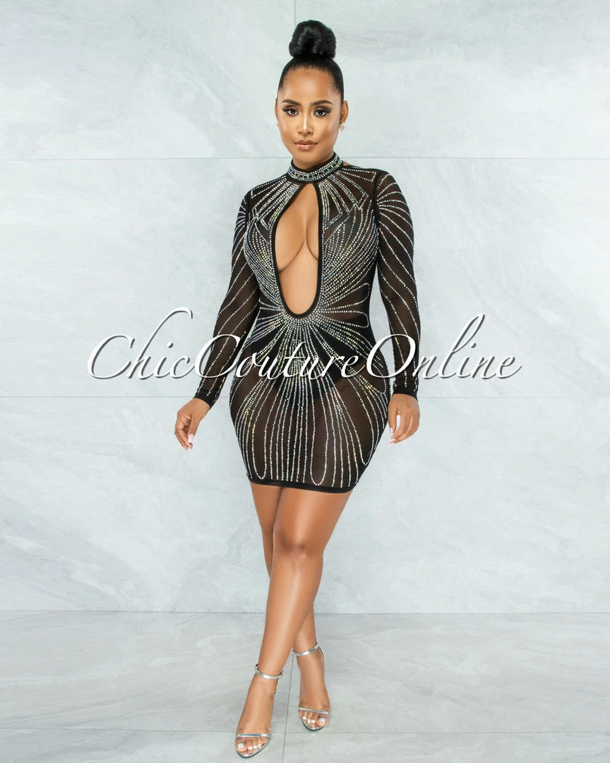 Vendor-unknown Nadilia Black Iridescent Rhinestones Mesh Sheer Dress JUST IN