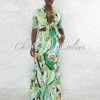 Vendor-unknown Clemons White Green Print Smocked Two Piece Skirt Set JUST IN