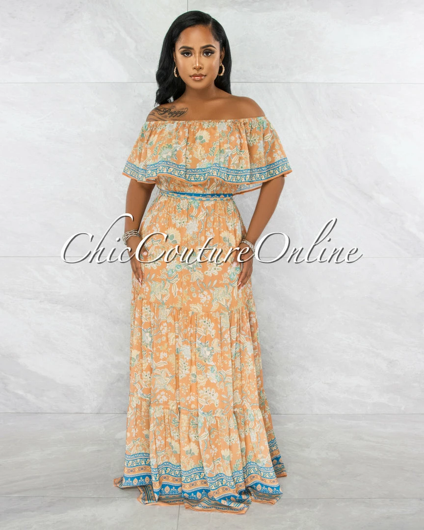 Vendor-unknown Rudella Apricot Blue Print Off-The Shoulder Ruffle Maxi Dress JUST IN
