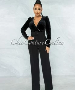 Vendor-unknown Lapis Black Velvet Rhinestones Details Top Belt Jumpsuit