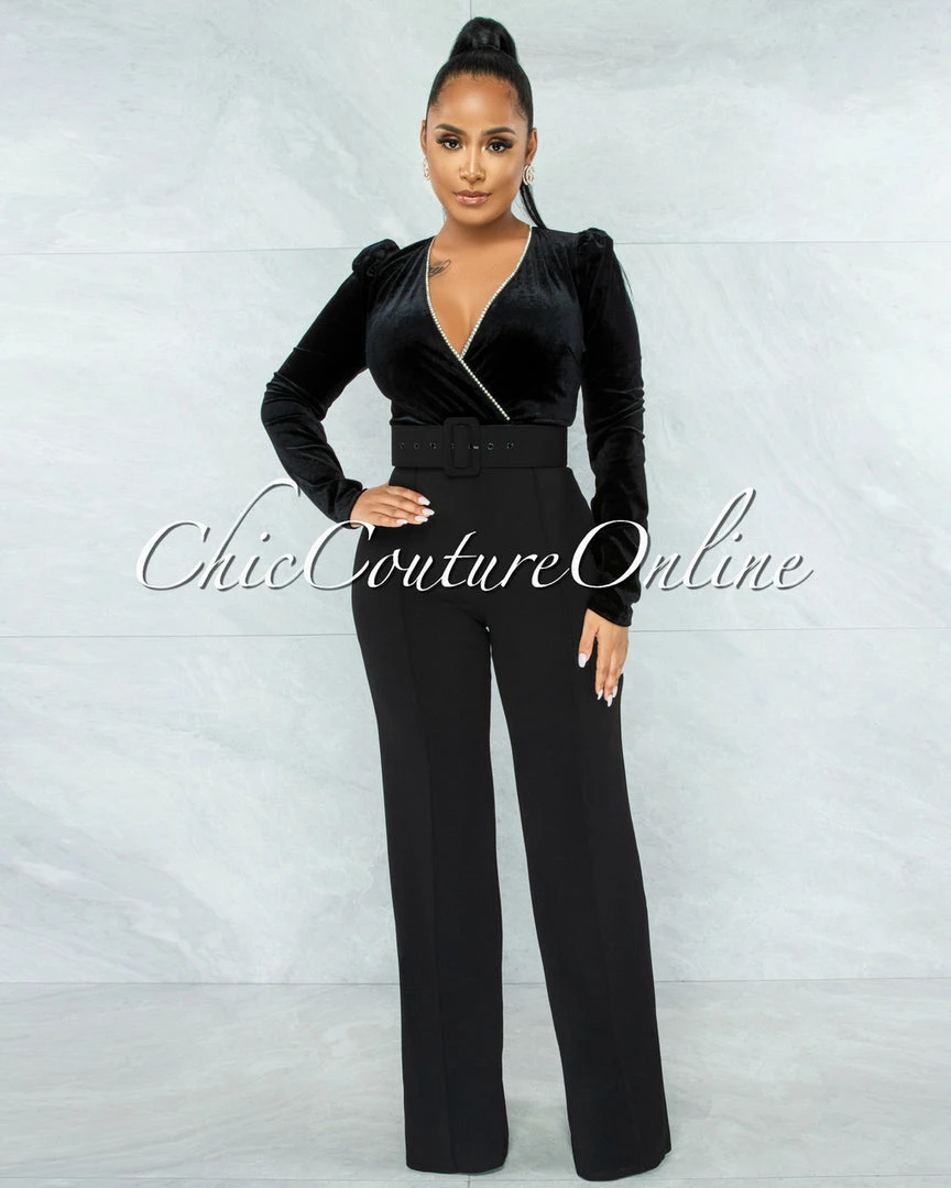 Vendor-unknown Lapis Black Velvet Rhinestones Details Top Belt Jumpsuit