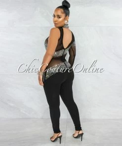Vendor-unknown JUST IN Zulia Black Mesh Rhinestones Single Sleeve Jumpsuit