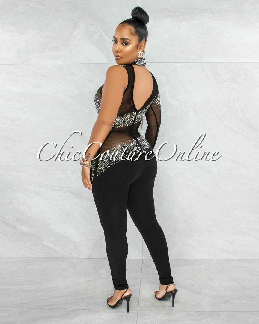 Vendor-unknown JUST IN Zulia Black Mesh Rhinestones Single Sleeve Jumpsuit