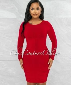 Vendor-unknown Darlene Red Drape Long Sleeves Double Lined Dress