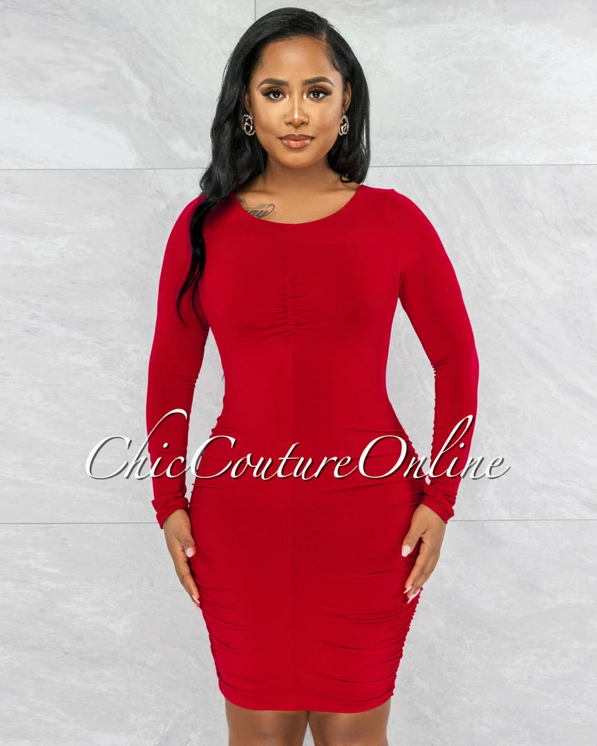 Vendor-unknown Darlene Red Drape Long Sleeves Double Lined Dress