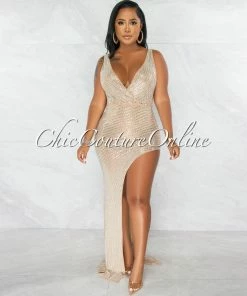 Chic Couture Online Kelby Nude Mesh Rhinestones Side Slit Maxi Dress