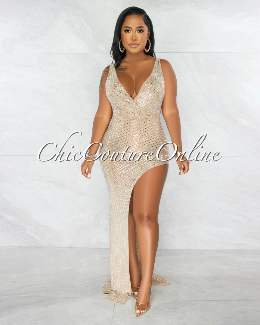 Chic Couture Online Kelby Nude Mesh Rhinestones Side Slit Maxi Dress