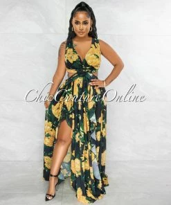 Vendor-unknown Jomey Black Yellow Print Back Lace-Up Maxi Ruffle Dress JUST IN