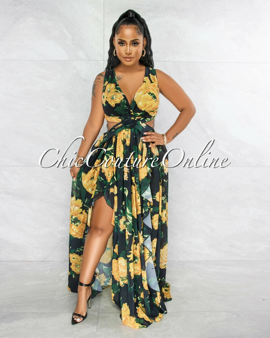 Vendor-unknown Jomey Black Yellow Print Back Lace-Up Maxi Ruffle Dress JUST IN