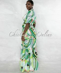 Vendor-unknown Clemons White Green Print Smocked Two Piece Skirt Set JUST IN