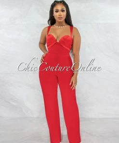Vendor-unknown Avari Red Sweetheart Satin Neckline Jumpsuit