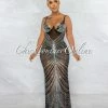 Chic Couture Online Narmada Black Mesh Sheer Rhinestones Maxi Dress