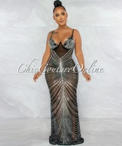 Chic Couture Online Narmada Black Mesh Sheer Rhinestones Maxi Dress