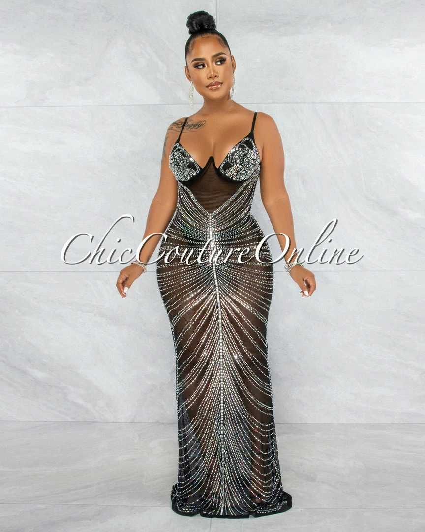 Chic Couture Online Narmada Black Mesh Sheer Rhinestones Maxi Dress