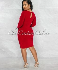 Vendor-unknown Darlene Red Drape Long Sleeves Double Lined Dress