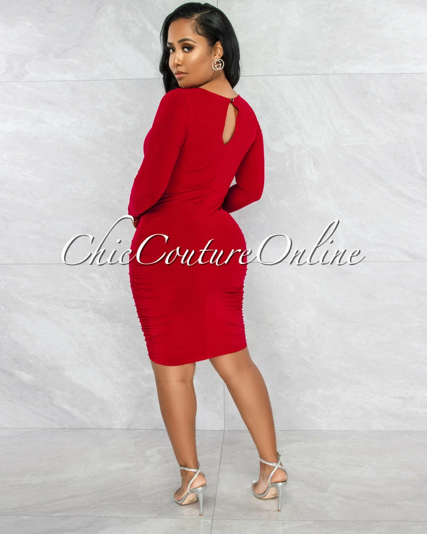 Vendor-unknown Darlene Red Drape Long Sleeves Double Lined Dress